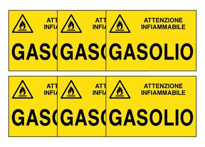 KIT DI 6 ADESIVI RETTANGOLARI - GASOLIO - Pittogramma ISO 7010 Con Stampa Diretta U.V. (IDEALE ANCHE PER ESTERNO)