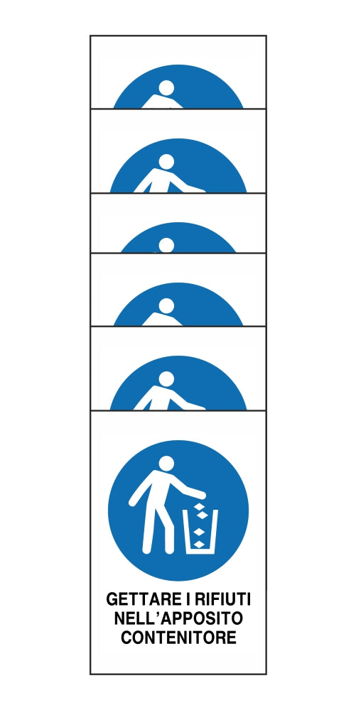 KIT DI 6 ADESIVI RETTANGOLARI - GETTARE I RIFIUTI NELL'APPOSITO CONTENITORE - Pittogramma ISO 7010 Con Stampa Diretta U.V. (IDEALE ANCHE PER ESTERNO)