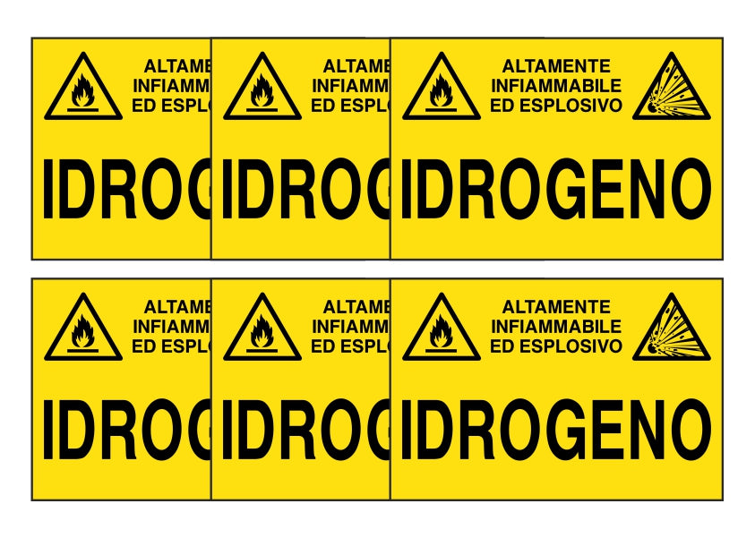 KIT DI 6 ADESIVI RETTANGOLARI - IDROGENO - Pittogramma ISO 7010 Con Stampa Diretta U.V. (IDEALE ANCHE PER ESTERNO)