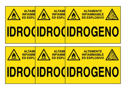 KIT DI 6 ADESIVI RETTANGOLARI - IDROGENO - Pittogramma ISO 7010 Con Stampa Diretta U.V. (IDEALE ANCHE PER ESTERNO)