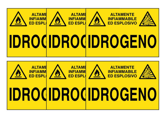 KIT DI 6 ADESIVI RETTANGOLARI - IDROGENO - Pittogramma ISO 7010 Con Stampa Diretta U.V. (IDEALE ANCHE PER ESTERNO)