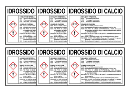 KIT DI 6 ADESIVI RETTANGOLARI - IDROSSIDO DI CALCIO RISCHI E CONSIGLI DI PRUDENZA - Pittogramma ISO 7010 Con Stampa Diretta U.V. (IDEALE ANCHE PER ESTERNO)