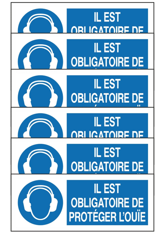 GLOBAL KIT DI 6 ADESIVI UNI - IL EST OBLIGATOIRE DE PROTEGER L'OUIE - Pittogramma ISO 7010 Con Stampa Diretta U.V. (IDEALE ANCHE PER ESTERNO)