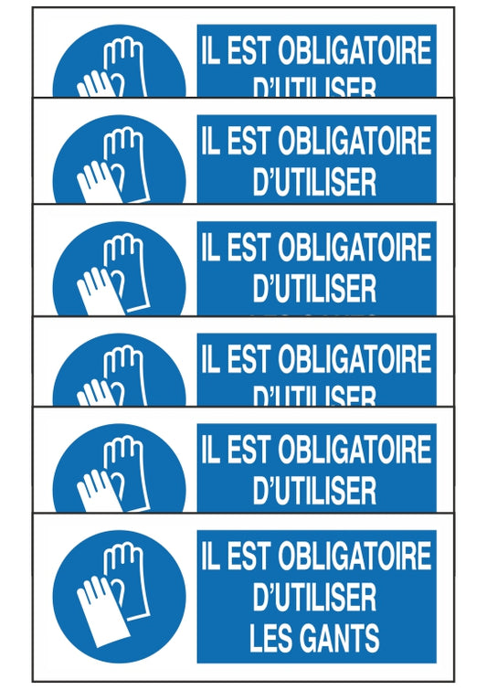 GLOBAL KIT DI 6 ADESIVI UNI - IL EST OBLIGATOIRE D'UTILISER LES GANTS - Pittogramma ISO 7010 Con Stampa Diretta U.V. (IDEALE ANCHE PER ESTERNO)