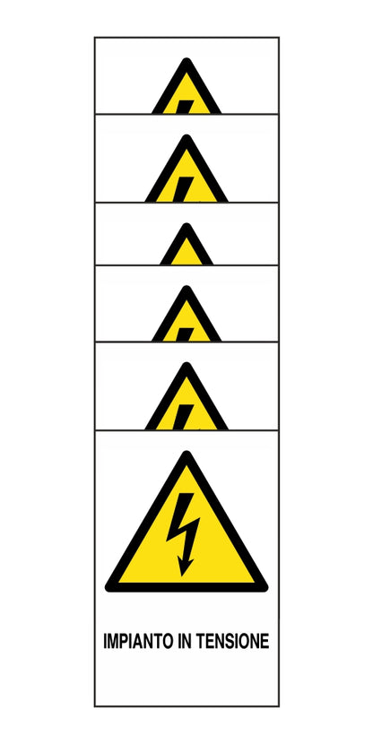 KIT DI 6 ADESIVI RETTANGOLARI - IMPIANTO IN TENSIONE - Pittogramma ISO 7010 Con Stampa Diretta U.V. (IDEALE ANCHE PER ESTERNO)