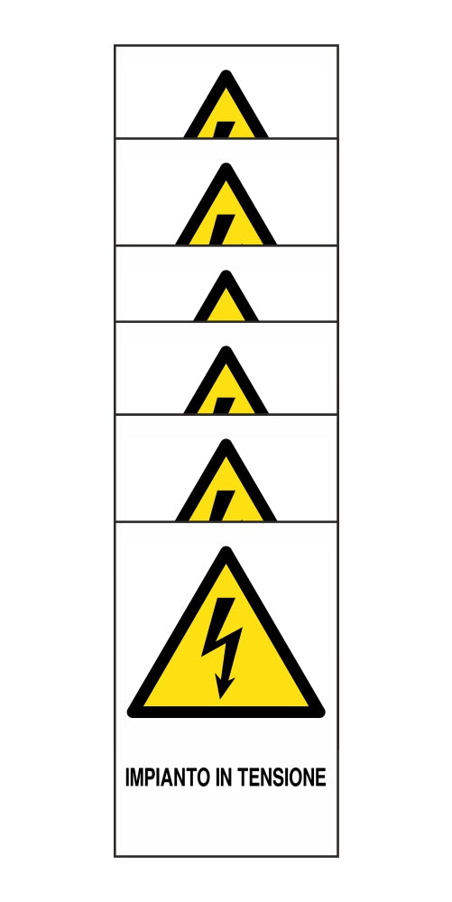 KIT DI 6 ADESIVI RETTANGOLARI - IMPIANTO IN TENSIONE - Pittogramma ISO 7010 Con Stampa Diretta U.V. (IDEALE ANCHE PER ESTERNO)
