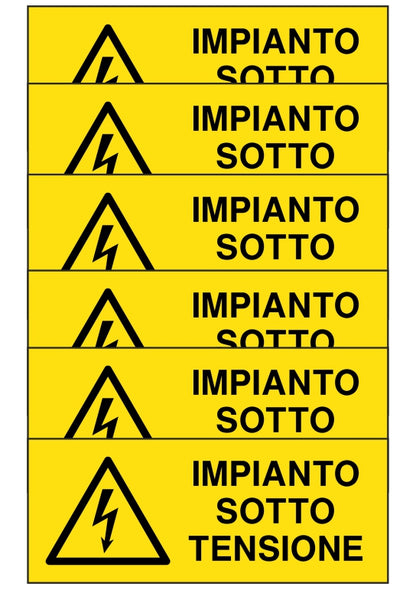 KIT DI 6 ADESIVI UNI - IMPIANTO SOTTO TENSIONE - Pittogramma ISO 7010 Con Stampa Diretta U.V. (IDEALE ANCHE PER ESTERNO)
