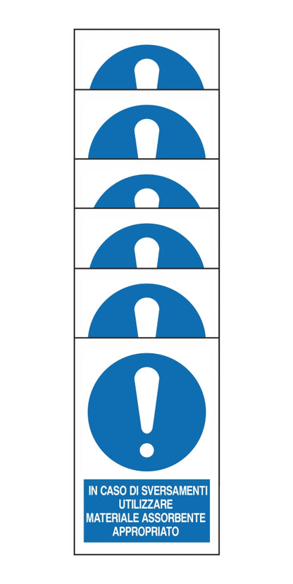 KIT DI 6 ADESIVI RETTANGOLARI - IN CASO DI SVERSAMENTI, UTILIZZARE MATERIALE ASSORBENTE - Pittogramma ISO 7010 Con Stampa Diretta U.V. (IDEALE ANCHE PER ESTERNO)