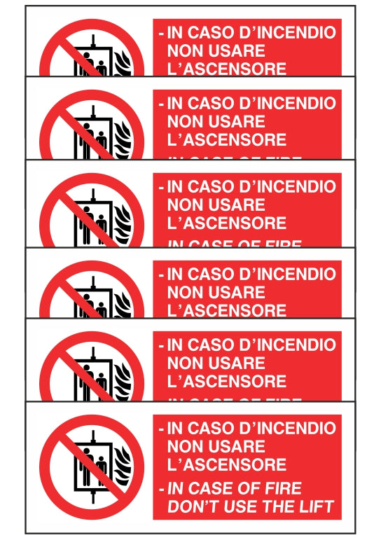 KIT DI 6 ADESIVI RETTANGOLARI - IN CASO D'INCENDIO NON USARE L'ASCENSORE BILINGUE - Pittogramma ISO 7010 Con Stampa Diretta U.V. (IDEALE ANCHE PER ESTERNO)