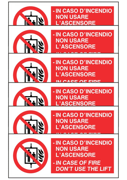 KIT DI 6 ADESIVI RETTANGOLARI - IN CASO D'INCENDIO NON USARE L'ASCENSORE BILINGUE - Pittogramma ISO 7010 Con Stampa Diretta U.V. (IDEALE ANCHE PER ESTERNO)