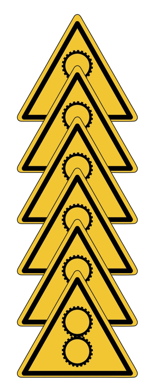 GLOBAL KIT DI 6 ADESIVI TRIANGOLARI - INGRANAGGI - Pittogramma ISO 7010 Con Stampa Diretta U.V. (IDEALE ANCHE PER ESTERNO)