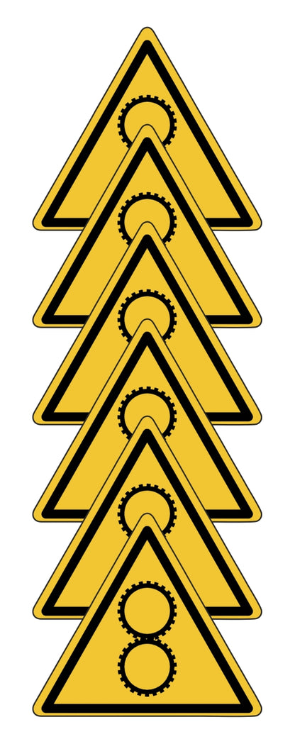 GLOBAL KIT DI 6 ADESIVI TRIANGOLARI - INGRANAGGI - Pittogramma ISO 7010 Con Stampa Diretta U.V. (IDEALE ANCHE PER ESTERNO)