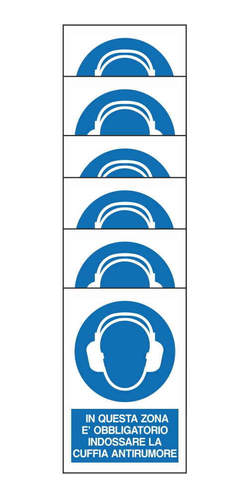 KIT DI 6 ADESIVI RETTANGOLARI - IN QUESTA ZONA E' OBBLIGATORIO INDOSSARE LA CUFFIA ANTIRUMORE - Pittogramma ISO 7010 Con Stampa Diretta U.V. (IDEALE ANCHE PER ESTERNO)