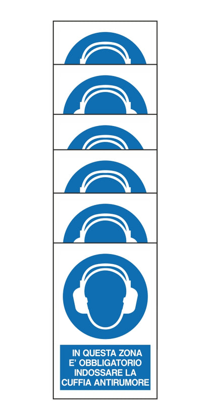 KIT DI 6 ADESIVI RETTANGOLARI - IN QUESTA ZONA E' OBBLIGATORIO INDOSSARE LA CUFFIA ANTIRUMORE - Pittogramma ISO 7010 Con Stampa Diretta U.V. (IDEALE ANCHE PER ESTERNO)