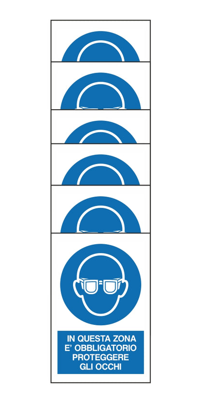 KIT DI 6 ADESIVI RETTANGOLARI - IN QUESTA ZONA E' OBBLIGATORIO PROTEGGERE GLI OCCHI - Pittogramma ISO 7010 Con Stampa Diretta U.V. (IDEALE ANCHE PER ESTERNO)