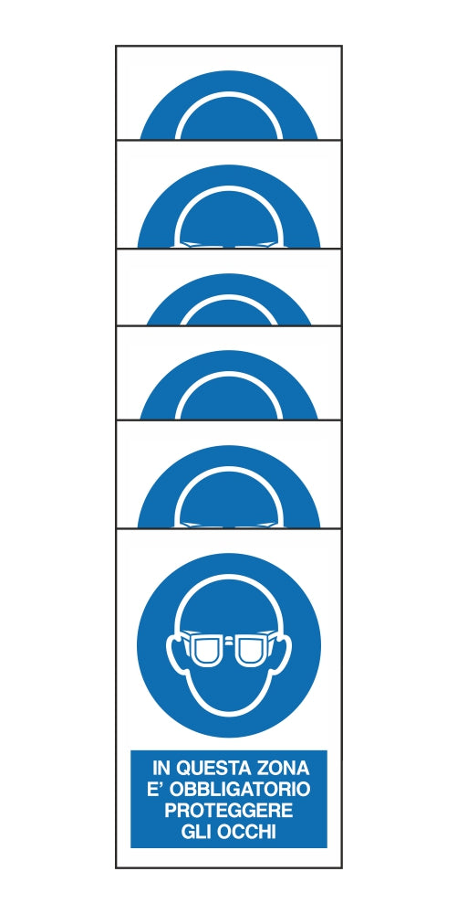 KIT DI 6 ADESIVI RETTANGOLARI - IN QUESTA ZONA E' OBBLIGATORIO PROTEGGERE GLI OCCHI - Pittogramma ISO 7010 Con Stampa Diretta U.V. (IDEALE ANCHE PER ESTERNO)