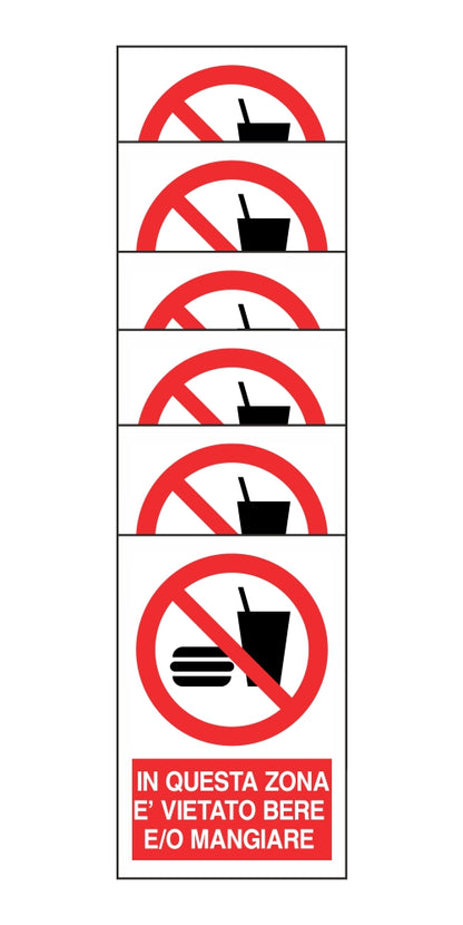 KIT DI 6 ADESIVI RETTANGOLARI - IN QUESTA ZONA E' VIETATO BERE E/O MANGIARE - Pittogramma ISO 7010 Con Stampa Diretta U.V. (IDEALE ANCHE PER ESTERNO)