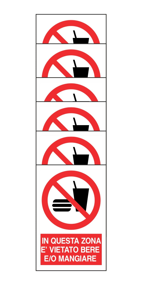 KIT DI 6 ADESIVI RETTANGOLARI - IN QUESTA ZONA E' VIETATO BERE E/O MANGIARE - Pittogramma ISO 7010 Con Stampa Diretta U.V. (IDEALE ANCHE PER ESTERNO)