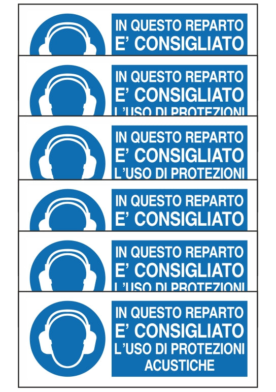 GLOBAL KIT DI 6 ADESIVI UNI - IN QUESTO REPARTO E' CONSIGLIATO L'USO DI PROTEZIONI ACUSTICHE - Pittogramma ISO 7010 Con Stampa Diretta U.V. (IDEALE ANCHE PER ESTERNO)
