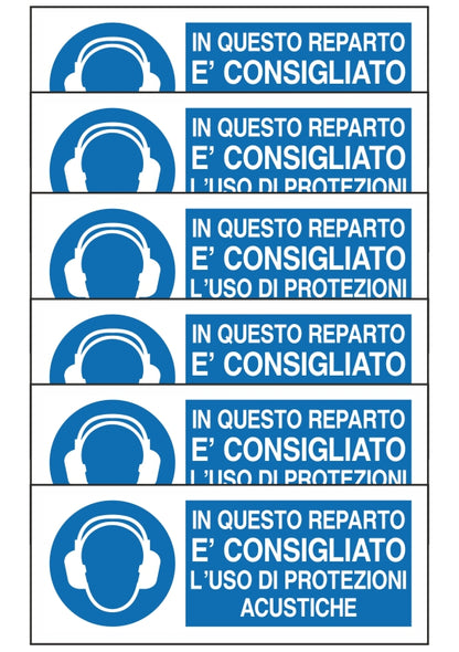 GLOBAL KIT DI 6 ADESIVI UNI - IN QUESTO REPARTO E' CONSIGLIATO L'USO DI PROTEZIONI ACUSTICHE - Pittogramma ISO 7010 Con Stampa Diretta U.V. (IDEALE ANCHE PER ESTERNO)