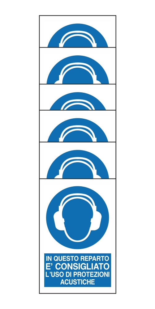 KIT DI 6 ADESIVI RETTANGOLARI - IN QUESTO REPARTO E' CONSIGLIATO L'USO DI PROTEZIONI ACUSTICHE - Pittogramma ISO 7010 Con Stampa Diretta U.V. (IDEALE ANCHE PER ESTERNO)