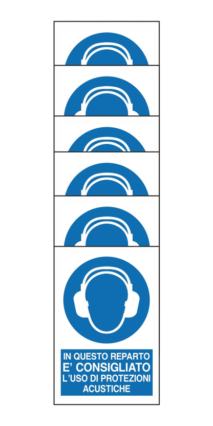KIT DI 6 ADESIVI RETTANGOLARI - IN QUESTO REPARTO E' CONSIGLIATO L'USO DI PROTEZIONI ACUSTICHE - Pittogramma ISO 7010 Con Stampa Diretta U.V. (IDEALE ANCHE PER ESTERNO)