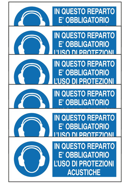 GLOBAL KIT DI 6 ADESIVI UNI - IN QUESTO REPARTO E' OBBLIGATORIO L'USO DI PROTEZIONI ACUSTICHE - Pittogramma ISO 7010 Con Stampa Diretta U.V. (IDEALE ANCHE PER ESTERNO)