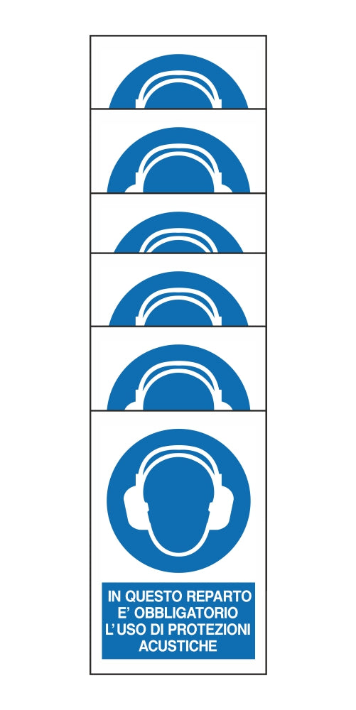 KIT DI 6 ADESIVI RETTANGOLARI - IN QUESTO REPARTO E' OBBLIGATORIO L'USO DI PROTEZIONI ACUSTICHE - Pittogramma ISO 7010 Con Stampa Diretta U.V. (IDEALE ANCHE PER ESTERNO)