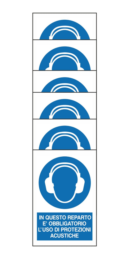 KIT DI 6 ADESIVI RETTANGOLARI - IN QUESTO REPARTO E' OBBLIGATORIO L'USO DI PROTEZIONI ACUSTICHE - Pittogramma ISO 7010 Con Stampa Diretta U.V. (IDEALE ANCHE PER ESTERNO)