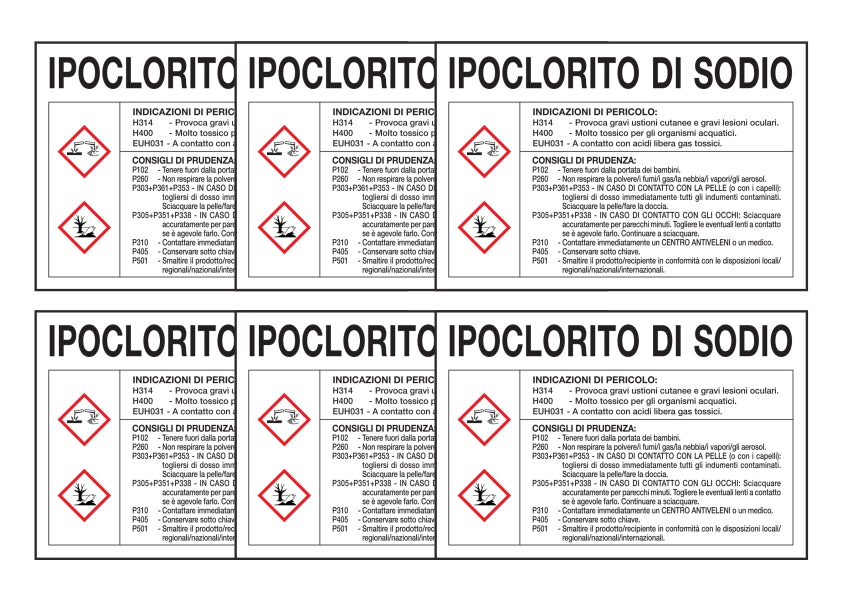 KIT DI 6 ADESIVI RETTANGOLARI - IPOCLORITO DI SODIO RISCHI E CONSIGLI DI PRUDENZA - Pittogramma ISO 7010 Con Stampa Diretta U.V. (IDEALE ANCHE PER ESTERNO)