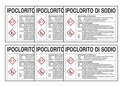 KIT DI 6 ADESIVI RETTANGOLARI - IPOCLORITO DI SODIO RISCHI E CONSIGLI DI PRUDENZA - Pittogramma ISO 7010 Con Stampa Diretta U.V. (IDEALE ANCHE PER ESTERNO)