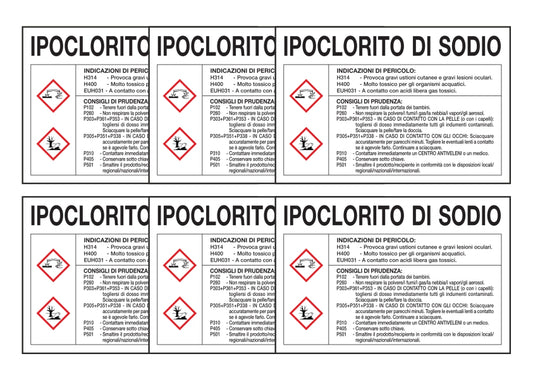 KIT DI 6 ADESIVI RETTANGOLARI - IPOCLORITO DI SODIO RISCHI E CONSIGLI DI PRUDENZA - Pittogramma ISO 7010 Con Stampa Diretta U.V. (IDEALE ANCHE PER ESTERNO)