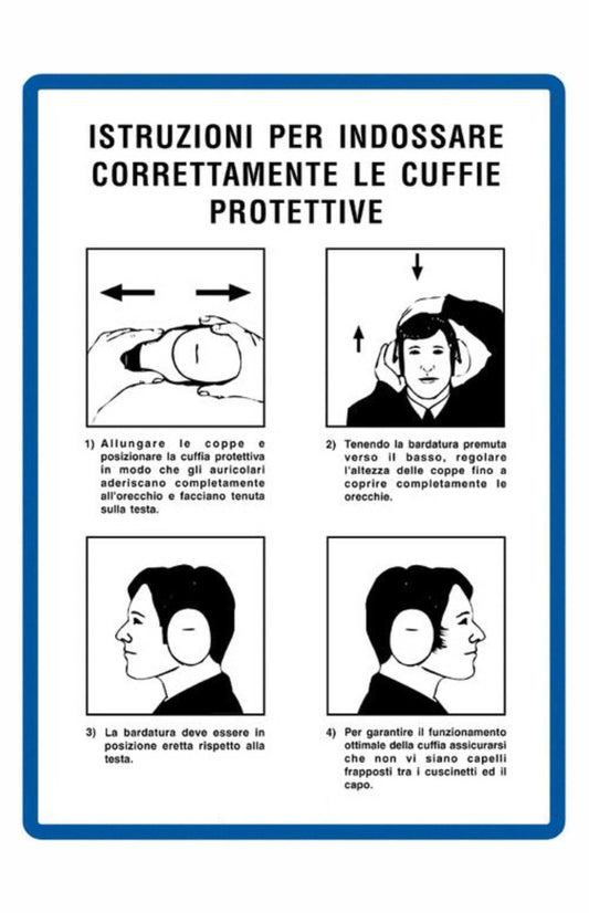 GLOBAL CARTELLO SEGNALETICO - ISTRUZIONI PER INDOSSARE CORRETTAMENTE LE CUFFIE PROTETTIVE - Adesivo Extra Resistente, Pannello in Forex, Pannello In Alluminio