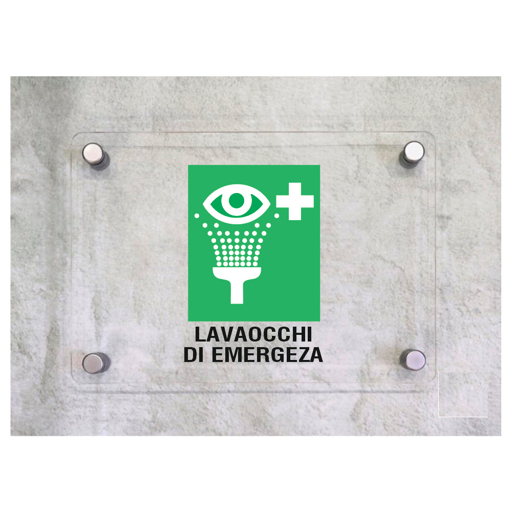 Global Targa Cartello in plexiglass - LAVAOCCHI DI EMERGENZA - Con Distanziali in acciaio inox, Stampa UV.