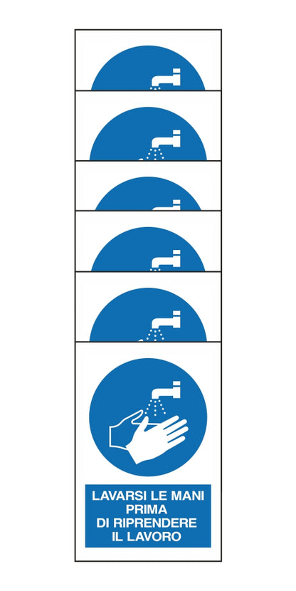 KIT DI 6 ADESIVI RETTANGOLARI - LAVARSI LE MANI PRIMA DI RIPRENDERE IL LAVORO- Pittogramma ISO 7010 Con Stampa Diretta U.V. (IDEALE ANCHE PER ESTERNO)