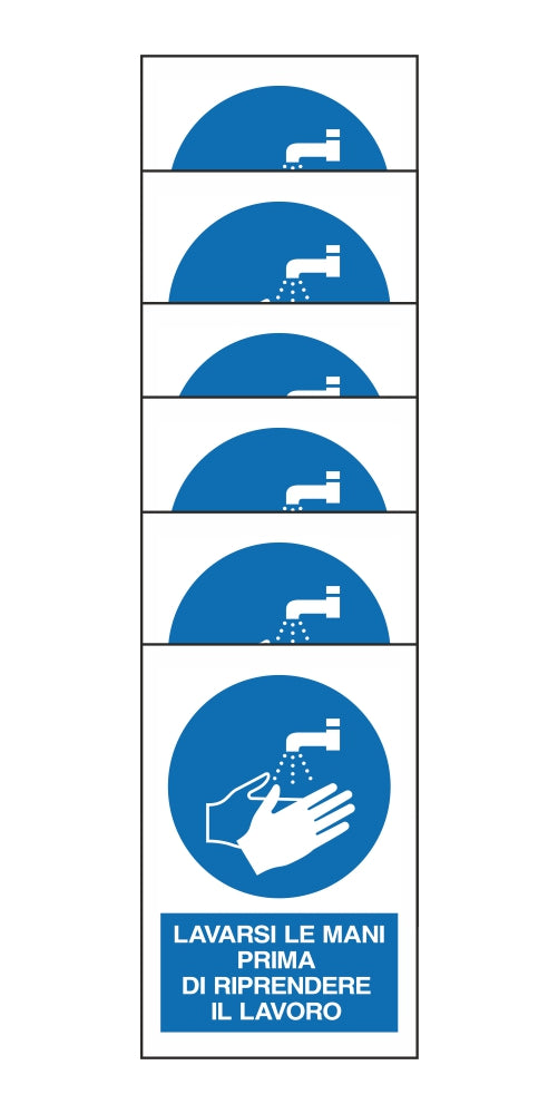 KIT DI 6 ADESIVI RETTANGOLARI - LAVARSI LE MANI PRIMA DI RIPRENDERE IL LAVORO- Pittogramma ISO 7010 Con Stampa Diretta U.V. (IDEALE ANCHE PER ESTERNO)