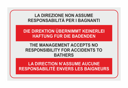 GLOBAL CARTELLO SEGNALETICO - La direzione non assume responsabilità per bagnanti - Adesivo Extra Resistente, Pannello in Forex, Pannello In Alluminio