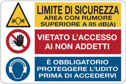 GLOBAL CARTELLO SEGNALETICO - Limite di sicurezza area con rumore superiore a 85 dB(A) - Adesivo Extra Resistente, Pannello in Forex, Pannello In Alluminio