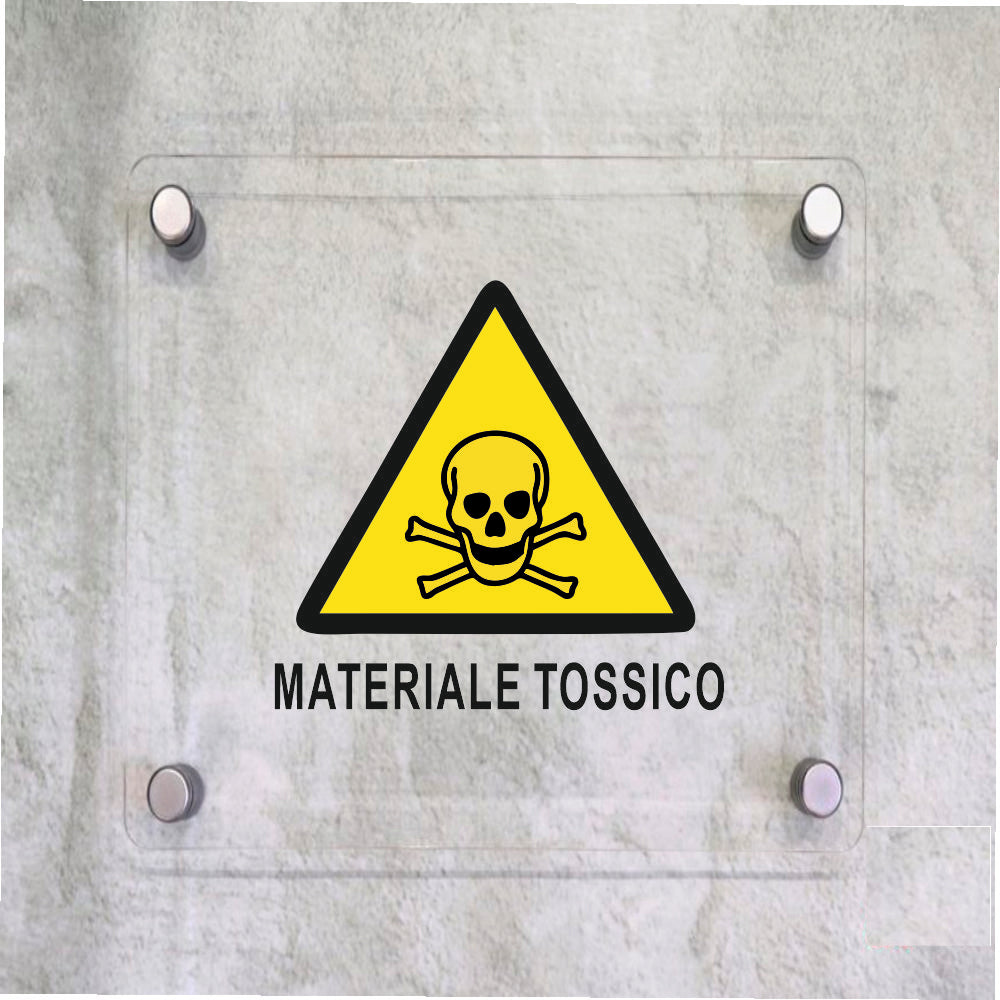 Global Targa Cartello in plexiglass Quadrato - MATERIALE TOSSICO - Con Distanziali in acciaio inox, Stampa UV