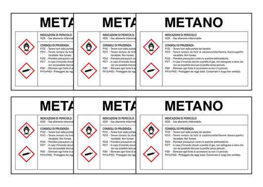 KIT DI 6 ADESIVI RETTANGOLARI - METANO RISCHI E CONSIGLI DI PRUDENZA - Pittogramma ISO 7010 Con Stampa Diretta U.V. (IDEALE ANCHE PER ESTERNO)