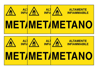 KIT DI 6 ADESIVI RETTANGOLARI - METANO - Pittogramma ISO 7010 Con Stampa Diretta U.V. (IDEALE ANCHE PER ESTERNO)