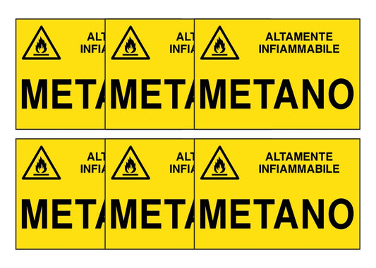 KIT DI 6 ADESIVI RETTANGOLARI - METANO - Pittogramma ISO 7010 Con Stampa Diretta U.V. (IDEALE ANCHE PER ESTERNO)