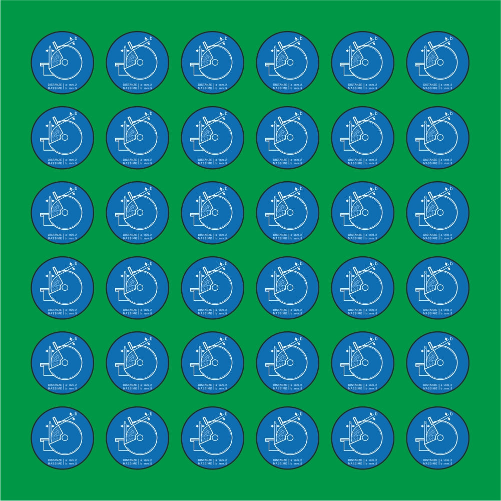 PACCO DA 6 KIT DI 6 ADESIVI ROTONDI - MOLA DISTANZE MASSIME A..B...  - Pittogramma ISO 7010 Con Stampa Diretta U.V.