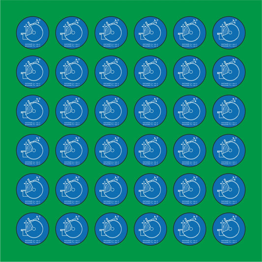 PACCO DA 6 KIT DI 6 ADESIVI ROTONDI - MOLA DISTANZE MASSIME A..B...  - Pittogramma ISO 7010 Con Stampa Diretta U.V.