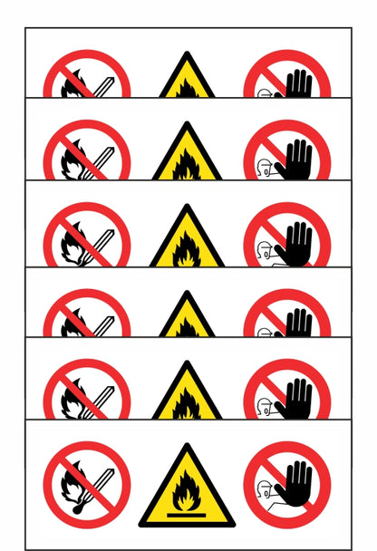 GLOBAL KIT DI 6 ADESIVI UNI - MULTISIMBOLO NON USARE FIAMME LIBERE, INFIAMMABILE, DIVIETO DI ACCESSO - Pittogramma ISO 7010 Con Stampa Diretta U.V. (IDEALE ANCHE PER ESTERNO)