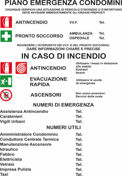 GLOBAL CARTELLO SEGNALETICO - Multisimbolo piano emergenza condomini - Adesivo Extra Resistente, Pannello in Forex, Pannello In Alluminio