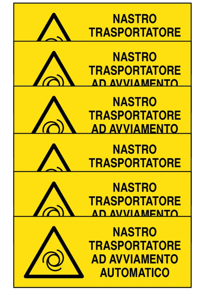 GLOBAL KIT DI 6 ADESIVI UNI - NASTRO TRASPORTATORE AD AVVIAMENTO AUTOMATICO - Pittogramma ISO 7010 Con Stampa Diretta U.V. (IDEALE ANCHE PER ESTERNO)