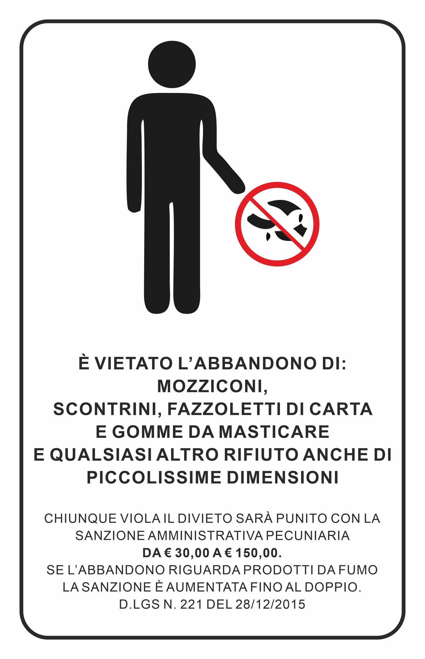 GLOBAL CARTELLO SEGNALETICO - NON ABBANDONARE MOZZICONI - Adesivo Extra Resistente, Pannello in Forex, Pannello In Alluminio
