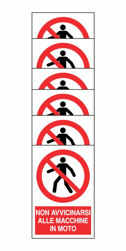 KIT DI 6 ADESIVI RETTANGOLARI - NON AVVICINARSI ALLE MACCHINE IN MOTO - Pittogramma ISO 7010 Con Stampa Diretta U.V. (IDEALE ANCHE PER ESTERNO)