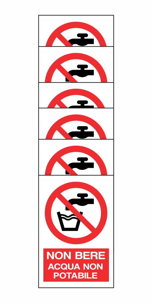 KIT DI 6 ADESIVI RETTANGOLARI - NON BERE - ACQUA NON POTABILE - Pittogramma ISO 7010 Con Stampa Diretta U.V. (IDEALE ANCHE PER ESTERNO)